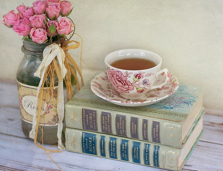 multicolored floral ceramic teacup, flowers, tea, books, roses, Cup, Bank, pink, HD wallpaper