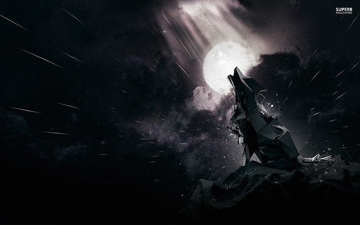 ilustrasi serigala hitam, serigala, poli rendah, malam, bulan, pegunungan, Wallpaper HD