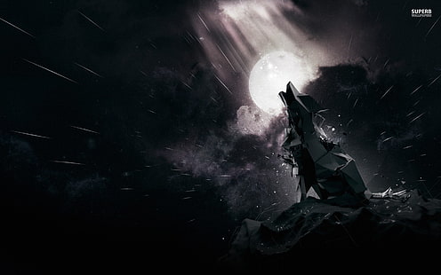 иллюстрация черного волка, волк, низкополигональная, ночь, луна, горы, HD обои HD wallpaper