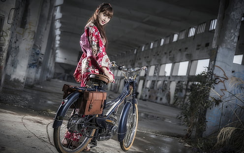 Japansk tjej, cykel, kimono, natt, japansk, tjej, cykel, Kimono, natt, HD tapet HD wallpaper