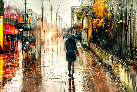 woman standing beside road painting, St. Petersburg, Russia, rain, blurred, city, urban, umbrella, HD wallpaper HD wallpaper