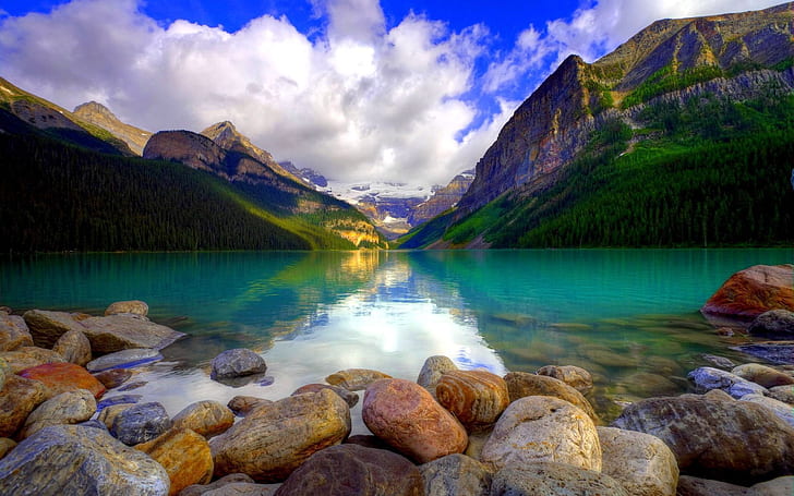 Lake Louise Hamlet In Alberta Canada Mountains Forest Trees Turquoise Lake Stones Clouds Beautiful Photography Nature Landscape 2560×1600, HD wallpaper