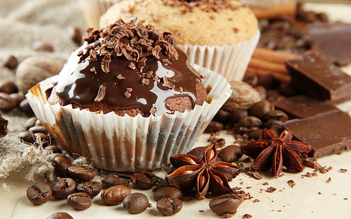 Cupcakes de chocolate, sobremesa, comida, doce, anis, especiarias, grãos, café, doces, chocolate, cupcakes, HD papel de parede HD wallpaper
