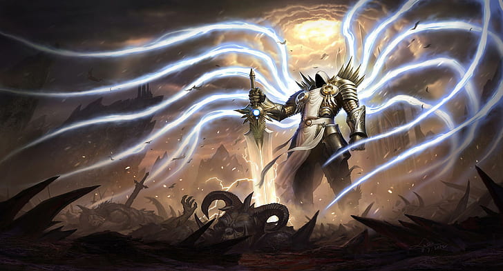 Tyrael, grafika postaci z Diablo, diablo, miecz, anioł, skrzydła, Tyrael, zbroja, gry, Tapety HD