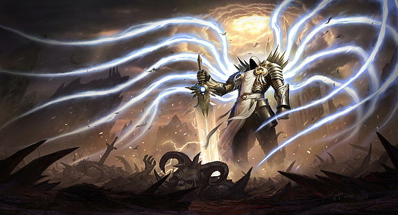 Tyrael, ilustraciones del personaje de diablo, diablo, espada, ángel, alas, tyrael, armadura, juegos, Fondo de pantalla HD HD wallpaper