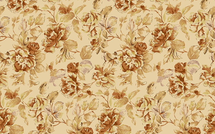 beige and brown floral wallpaper, patterns, flowers, petals, shape, background, HD wallpaper