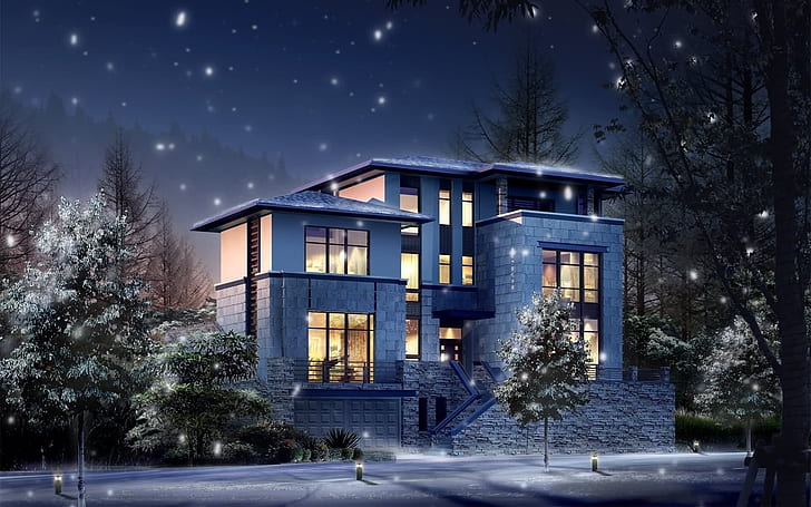 Superbe maison, photos, nuit, lumières, neige, Fond d'écran HD