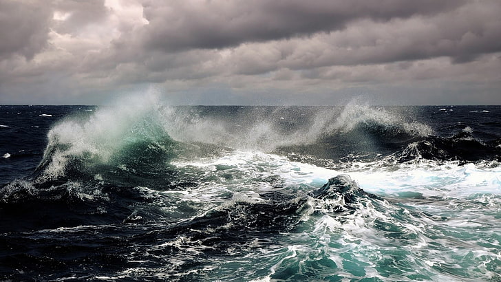 okyanus dalgaları, deniz, su, ufuk, gökyüzü, bulutlar, dalgalar, HD masaüstü duvar kağıdı