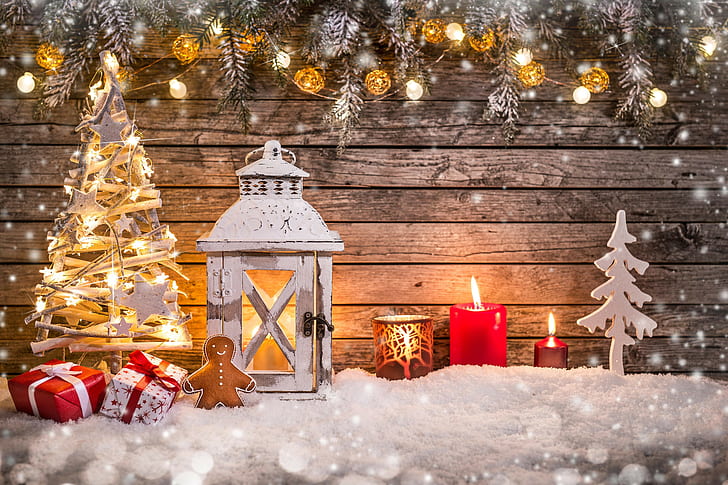 снег, лампа, игрушки, 5К, Рождество, елка, Новый год, украшения, HD обои