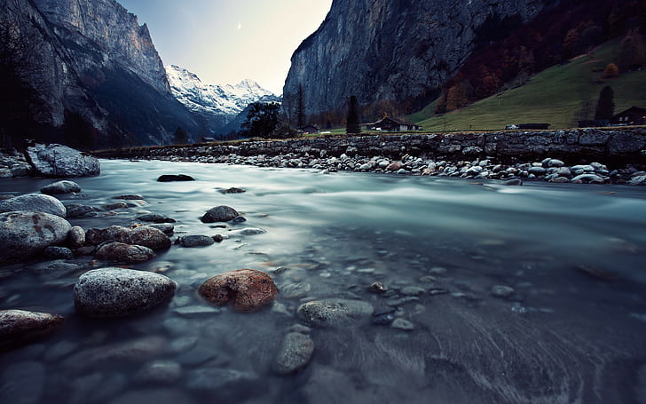 природа, пейзаж, река, планини, камъни, Швейцария, HD тапет