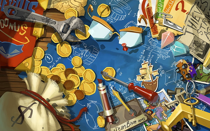 blue and yellow textile, sly cooper, thieves in time, wrench, screwdriver, coin, HD wallpaper