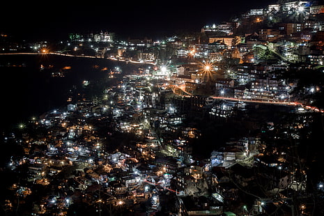гора с домами, бразилия, город, ночь, огни города, шимла манали, индия, HD обои HD wallpaper
