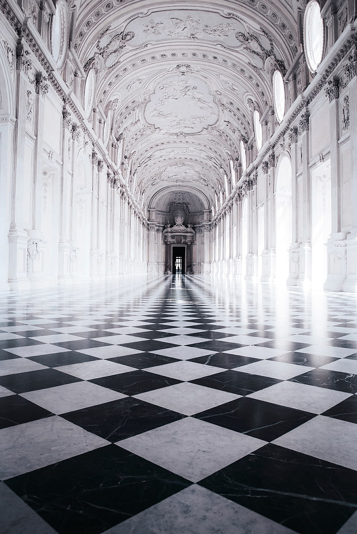 grauer konkreter Flur, Korridor, Fliese, Schachbrett, Palast, Venaria Reale, Italien, HD-Hintergrundbild, Handy-Hintergrundbild