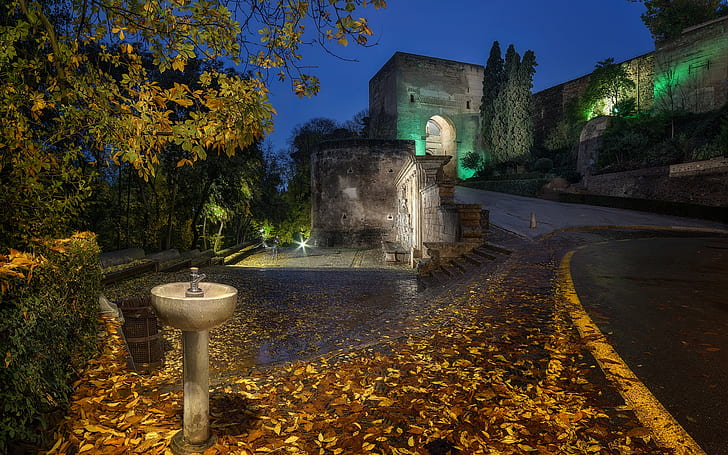 road, autumn, leaves, trees, night, lights, wall, arch, Spain, the bushes, Palace, Alhambra, Granada, HD wallpaper