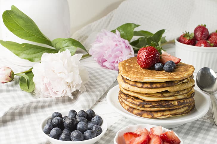 flowers, berries, Breakfast, blueberries, strawberry, pancakes, peonies, blueberry, HD wallpaper