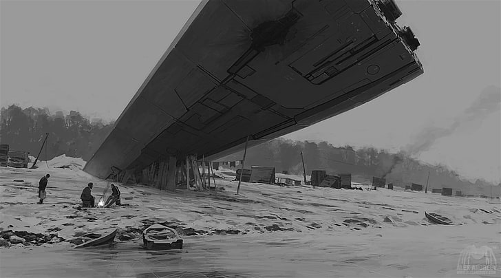 photo en niveaux de gris de l'avion écrasé, Alexey Andreev, œuvres d'art, concept art, surréaliste, bateau, fumée, Fond d'écran HD