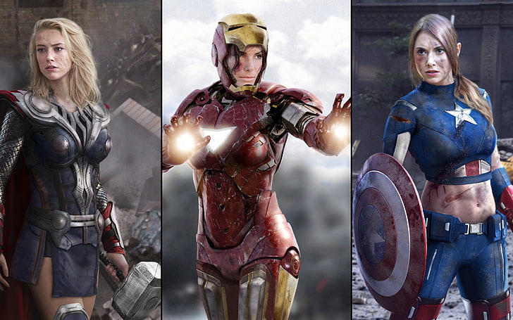 Captain America, Iron man, Marvel Comics, Photo Manipulation, Photoshopped, Superheroines, thor, HD wallpaper