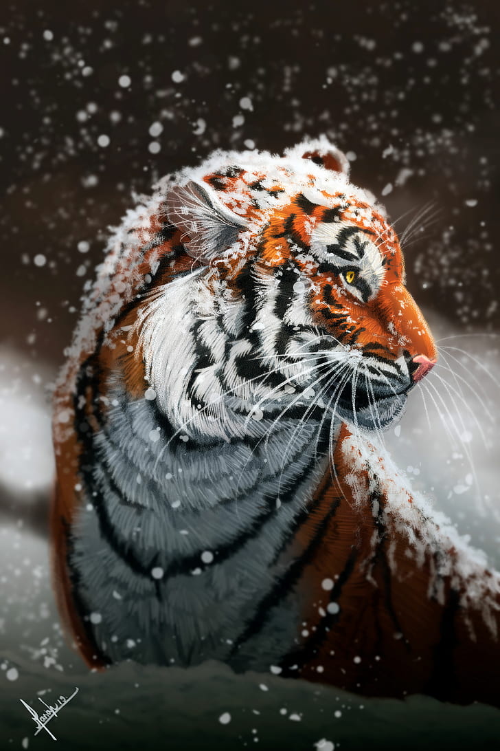 harimau, karya seni, seni digital, salju, hewan, vertikal, Wallpaper HD, wallpaper seluler