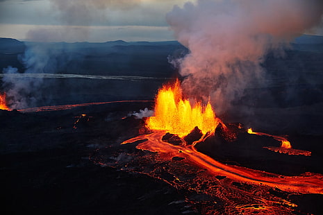 براكين ، باراربونجا ، ثوران بركاني ، أيسلندا ، حمم بركانية ، طبيعة ، دخان ، بركان، خلفية HD HD wallpaper