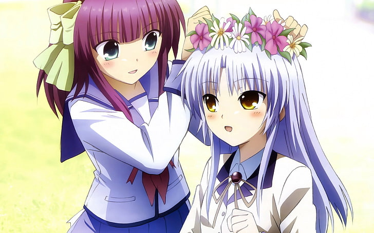 purple and maroon hair anime illustrations, girl, cute, wreath, flowers, smiles, HD wallpaper