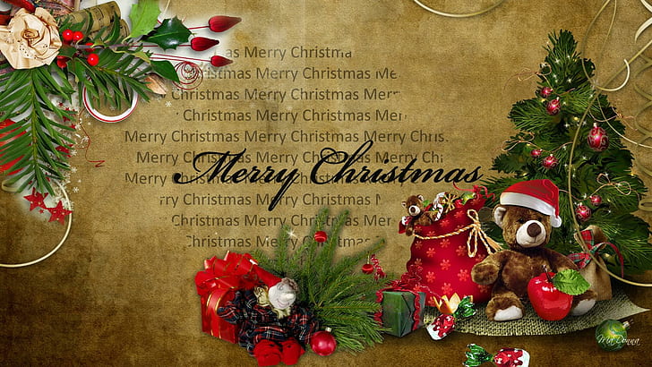 Vintage Lihat Natal, dekorasi, pinus, hadiah, natal, vintage, permen, pohon, feliz navidad, cemara, parchemnt, Wallpaper HD