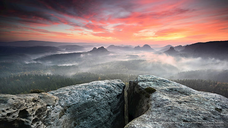 Névoa da manhã, Parque Nacional da Suíça Saxônica, Saxônia, Alemanha, Parques Nacionais, HD papel de parede