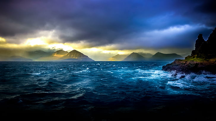 ocean, sky, sea, nature, cloudy, water, shore, coast, wave, dusk, HD wallpaper