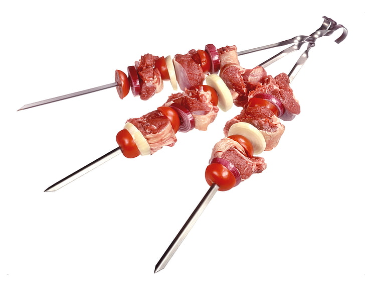 three barbecue sticks, kebabs, meat, skewers, white background, tomatoes, onions, HD wallpaper