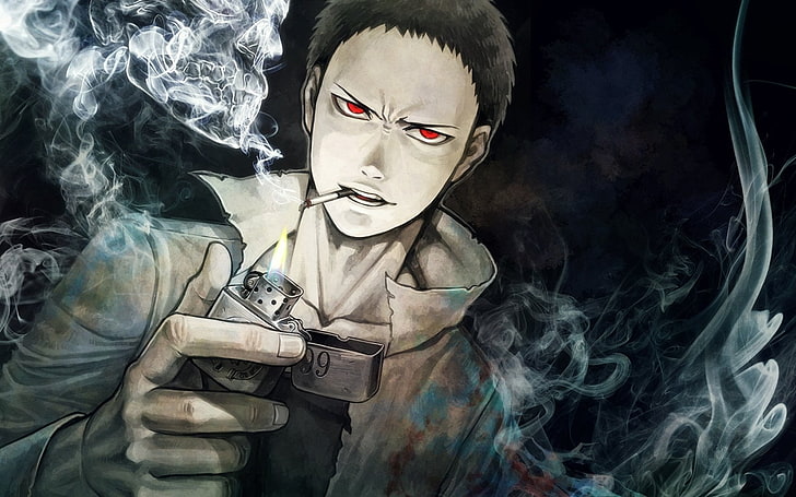 Anime, One-Punch Man, Wütend, Schwarzes Haar, Zigarette, Mantel, Feuerzeug, Rote Augen, Rauch, Zombieman (One-Punch Man), HD-Hintergrundbild