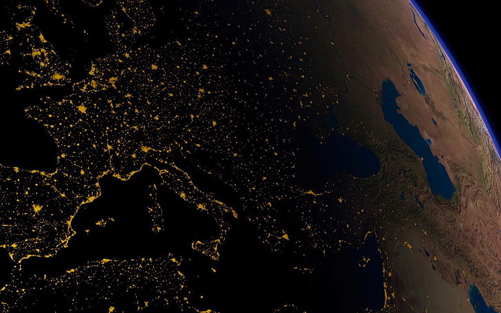 ภาพประกอบดิน, ไฟ, โลก, กลางคืน, แสงไฟของเมือง, อวกาศ, ยุโรป, วอลล์เปเปอร์ HD