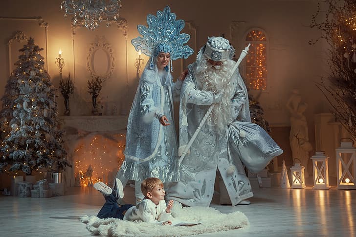 boy, New year, tree, Maiden, Santa Claus, Максим Чихняев, HD wallpaper