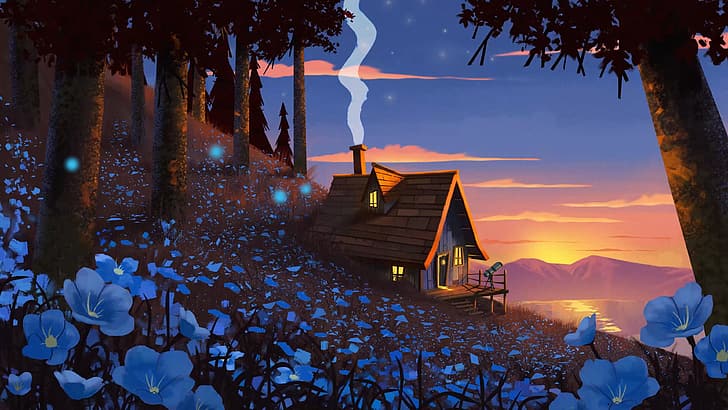 Hugo Barret Castan, sunset, smoke, cottage, chimneys, forest, flowers, trees, HD wallpaper