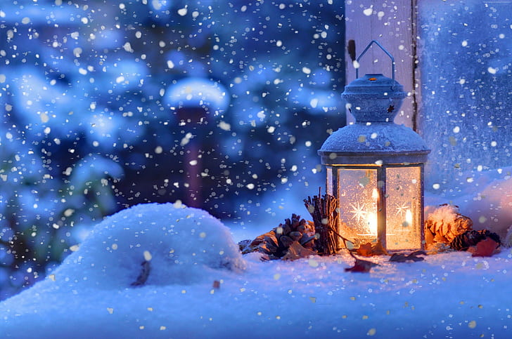 musim dingin, salju, lampu, 4k, Wallpaper HD