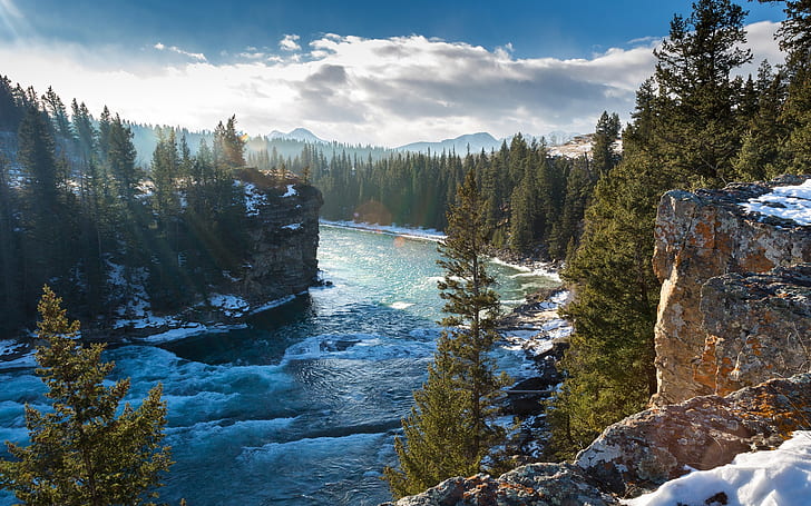 Bow River, Alberta, Canadá, montañas, rocas, invierno, árboles, Bow, río, Alberta, Canadá, Montañas, Rocas, invierno, Árboles, Fondo de pantalla HD