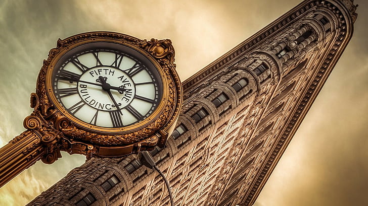 New York City, clocks, Flatiron Building, HD wallpaper
