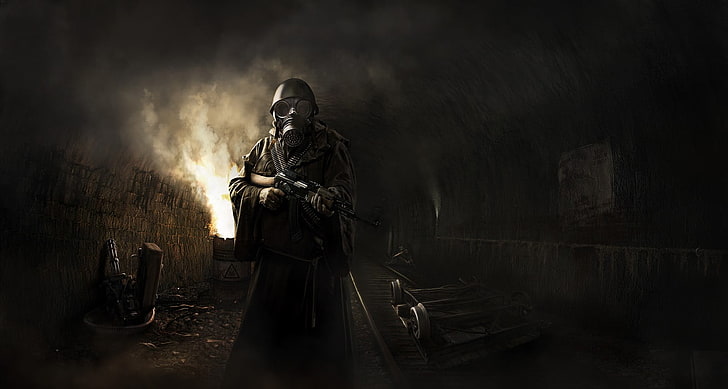 رجل يحمل بندقية يرتدي قناع الغاز الفن الرقمي ، ورق الجدران ، نهاية العالم ، مترو 2033 ، مترو: الضوء الأخير ، ألعاب الفيديو، خلفية HD