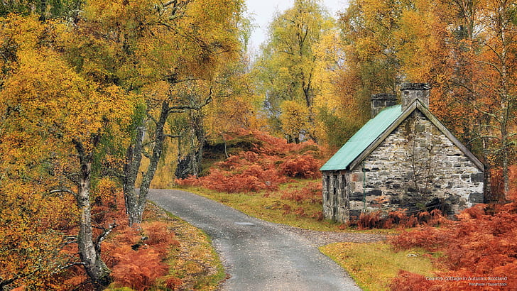 秋、スコットランド、秋の国のコテージ、 HDデスクトップの壁紙