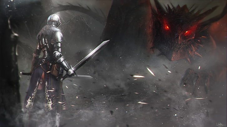 мужчина держит меч и монстра цифровые обои, произведение искусства, рыцарь, дракон, доспехи, Темные души, HD обои