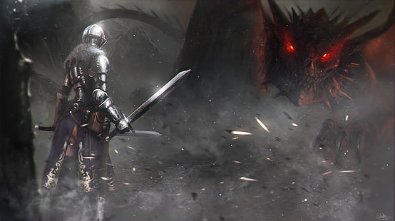 мъж, който държи меч и чудовище цифрови тапети, произведения на изкуството, рицар, дракон, броня, Dark Souls, HD тапет HD wallpaper