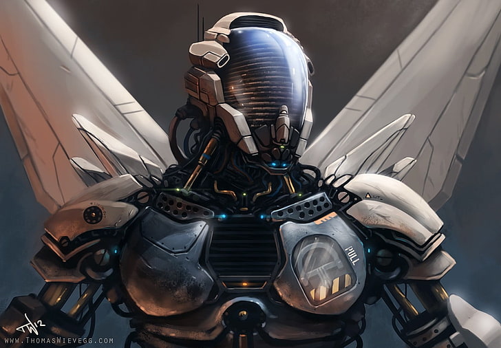 grauer geflügelter Rüstungsroboter, Fantasiekunst, Cyborg, Roboter, futuristisch, HD-Hintergrundbild