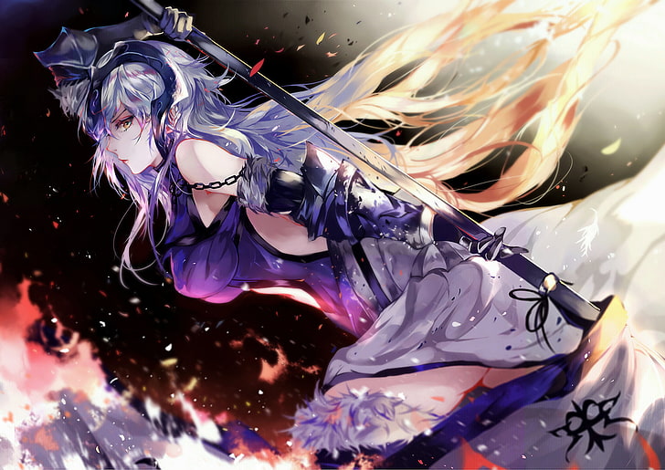 Fate / Grand Order, Jeanne d'arc alter, Waffe, Speer, graues Haar, langes Haar, Ellbogenhandschuhe, Schenkelstrümpfe, Fate Series, HD-Hintergrundbild
