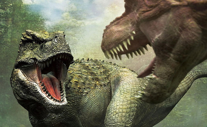 two dinosaur fighting digital wallpaper, dinosaurs, mouth, fangs, aggression, HD wallpaper