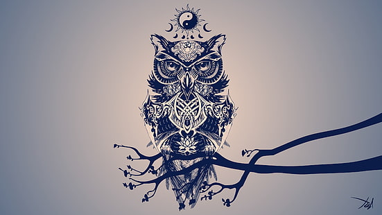 owl digital wallpaper, painting of owl, minimalism, owl, digital art, tribal, religion, violet, Yin and Yang, artwork, HD wallpaper HD wallpaper