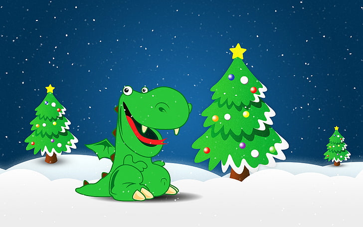 green dinosaur and pine trees wallpaper, snow, holiday, dragon, tree, new year, HD wallpaper