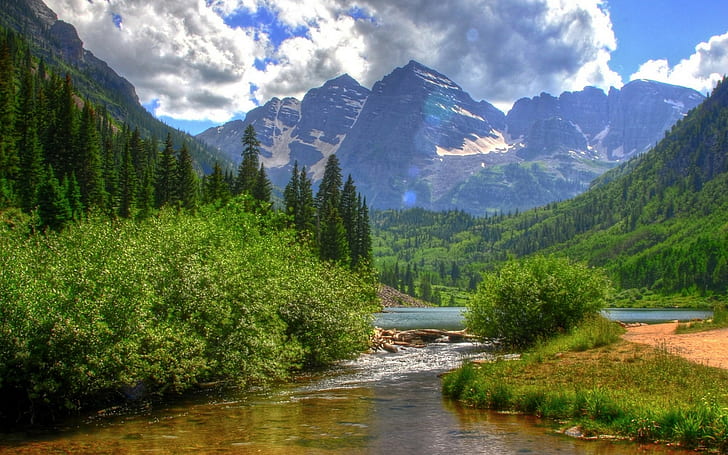 paysage, montagnes, rivière, nature, arbres, pins, montagne enneigée, Fond d'écran HD