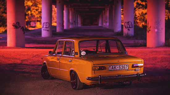 yellow car, lada, lada 1200, classic car, vintage car, sedan, vaz–2101, zsiguli, HD wallpaper HD wallpaper