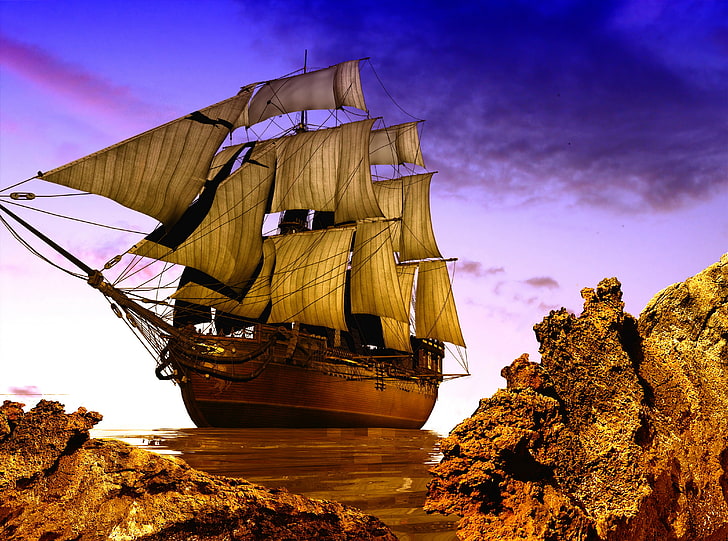 kapal galleon coklat, foto, Batuan, Kapal, Perahu Layar, Grafik 3D, Wallpaper HD