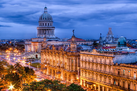 сива бетонна сграда, светлини, вечерта, Куба, Хавана, HD тапет HD wallpaper