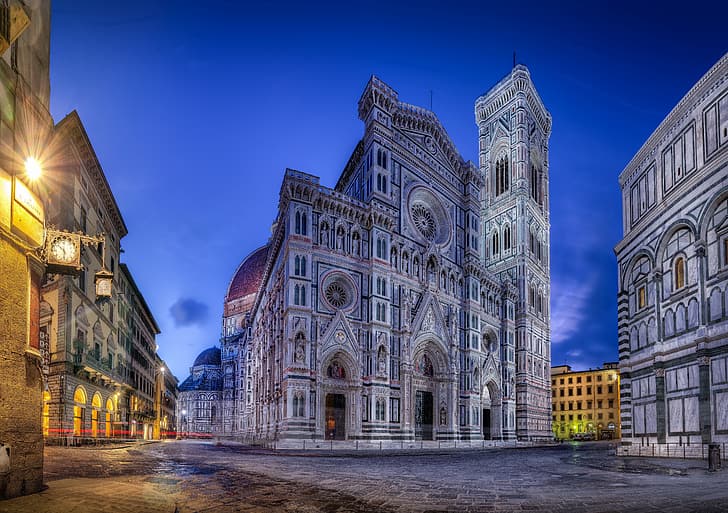 twilight, Italy, Florence Cathedral, The most holy Mary of the Flower, HD wallpaper