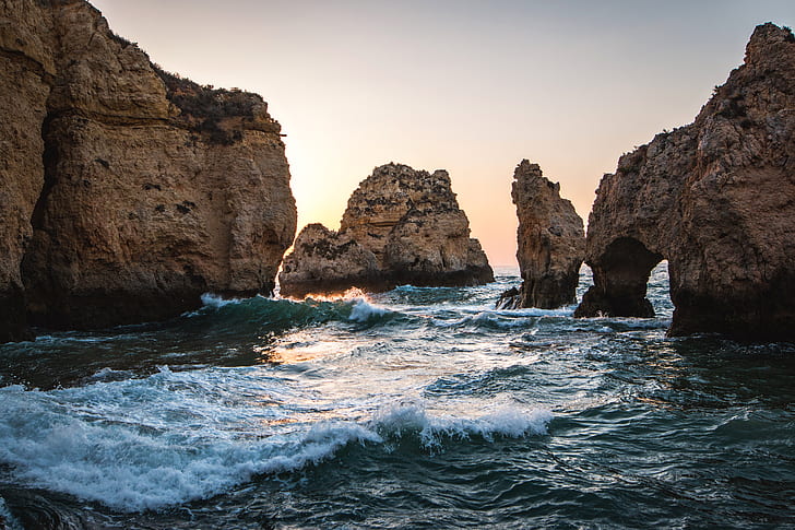 Algarve, spiaggia, scogliera, Europa, Lagos, Portogallo, rocce, sole, alba, acqua, Sfondo HD